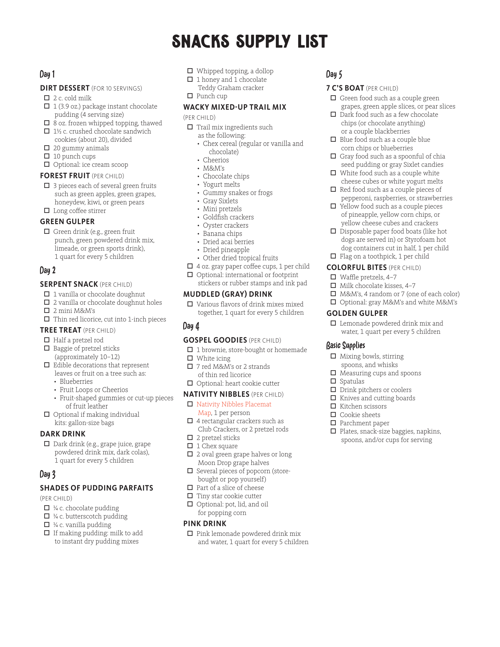 Supply List Snacks