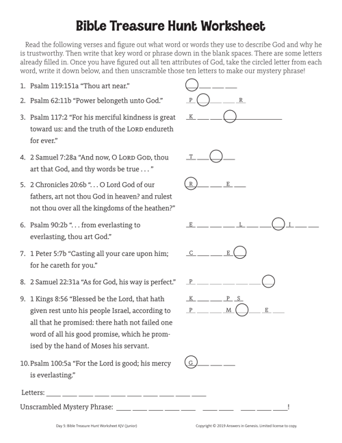 Day 5 Bible Treasure Hunt Worksheet Kjv