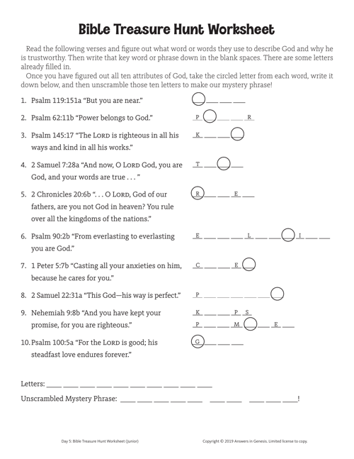 Day 5 Bible Treasure Hunt Worksheet Esv