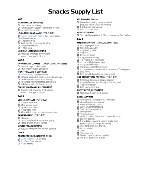 Supply List: Snacks
