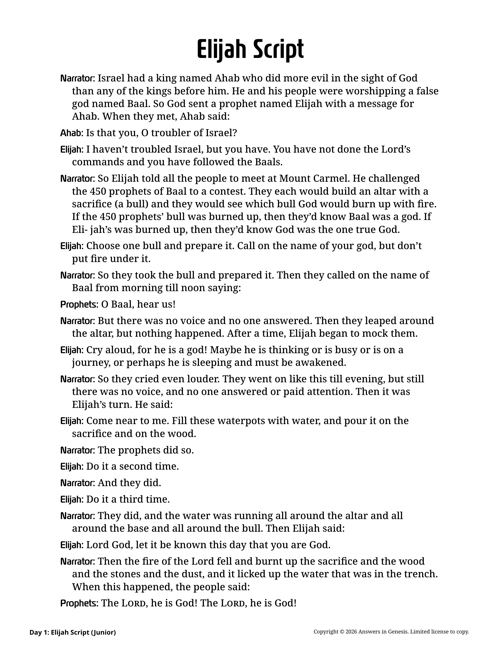 Day 1: Elijah Script (Junior)