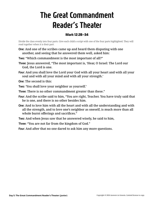 Day 5: The Great Commandment Reader’s Theater (Junior)